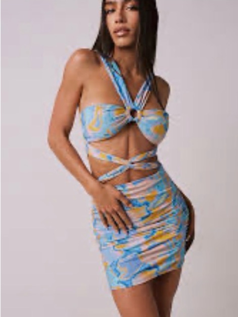 Tiger Mist Multicolor Swirl Cutout Mini Dress in Blue, Yellow & Pink